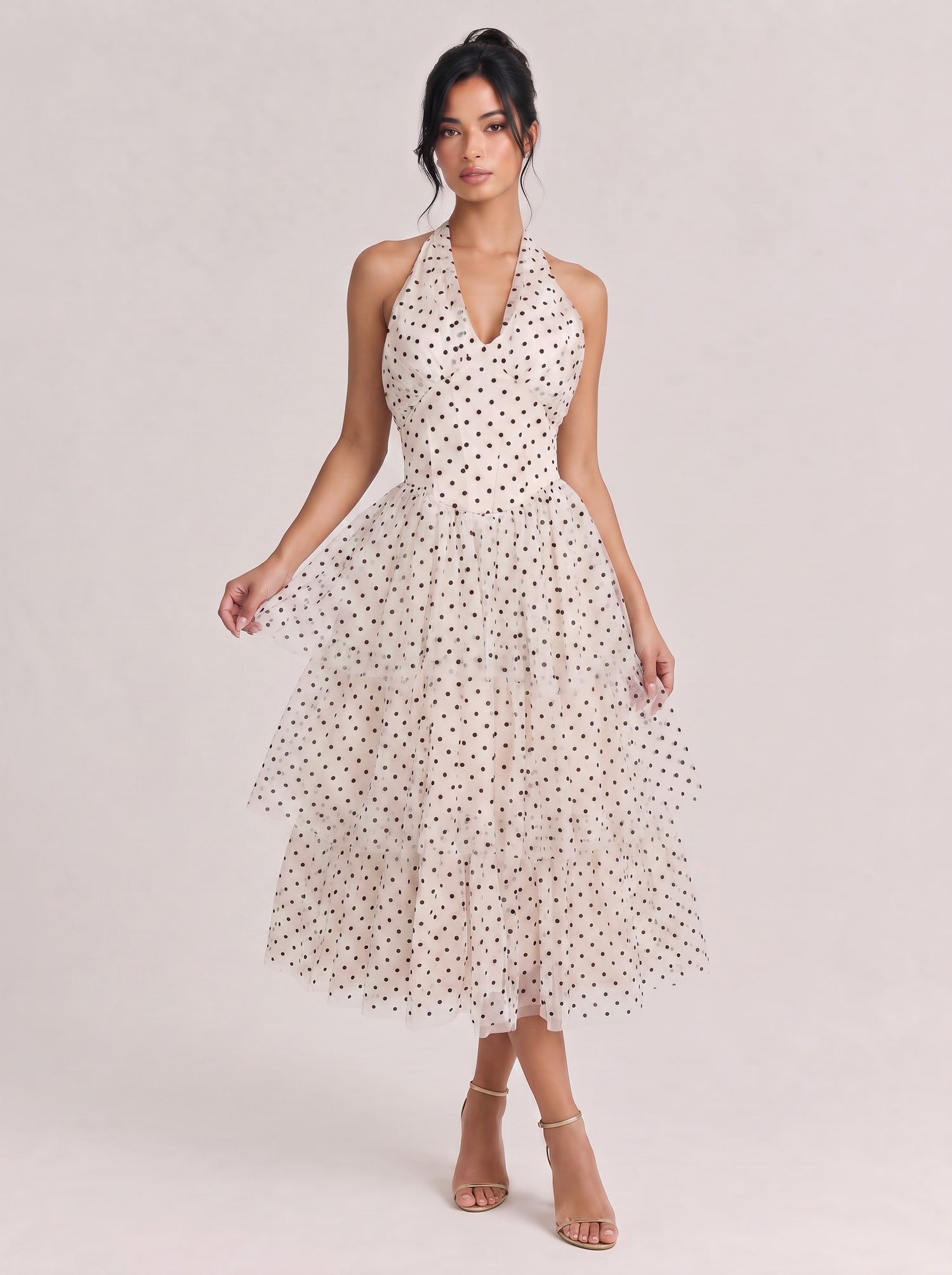 V-Neck Fine Strap Dot Mesh Large Swing Long Dress