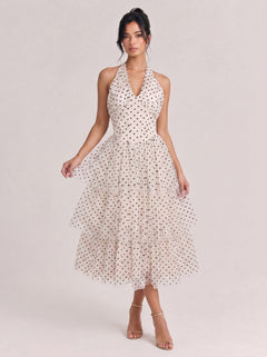 V-Neck Fine Strap Dot Mesh Large Swing Long Dress