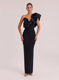 Black One-Shoulder Large Three-Dimensional Ruffled Deep V Slim-Fit Hip Long Banquet Gown