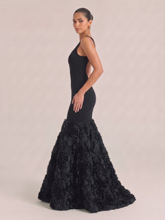 Black Square Collar Sleeveless Slim-Fit Three-Dimensional Flower Fishtail Long Evening Gown