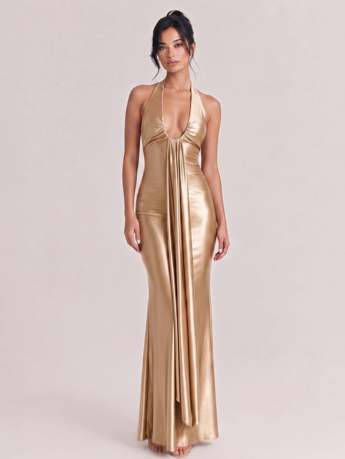 Deep V-Neck Pleated Satin Slim-Fit Fishtail Long Dress