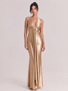 Deep V-Neck Pleated Satin Slim-Fit Fishtail Long Dress