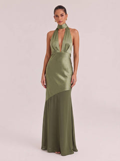 Olive Satin Halter Neck Deep V-Neck Mermaid Evening Gown - Sexy Backless Formal Dress For Party, Wedding & Gala