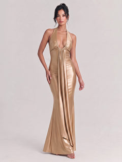 Deep V-Neck Pleated Satin Slim-Fit Fishtail Long Dress