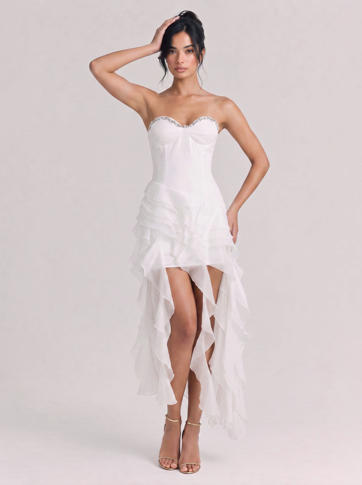 Elegant White Strapless Ruffled High-Low Gown With Crystal Trim