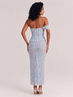 Light Blue Strapless Pleated Sparkle See-Through Split Slim-Fit Long Evening Gown