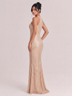 Neck-Neck Tassel Shoulder Sequins Slim-Fit Fishtail Long Evening Gown
