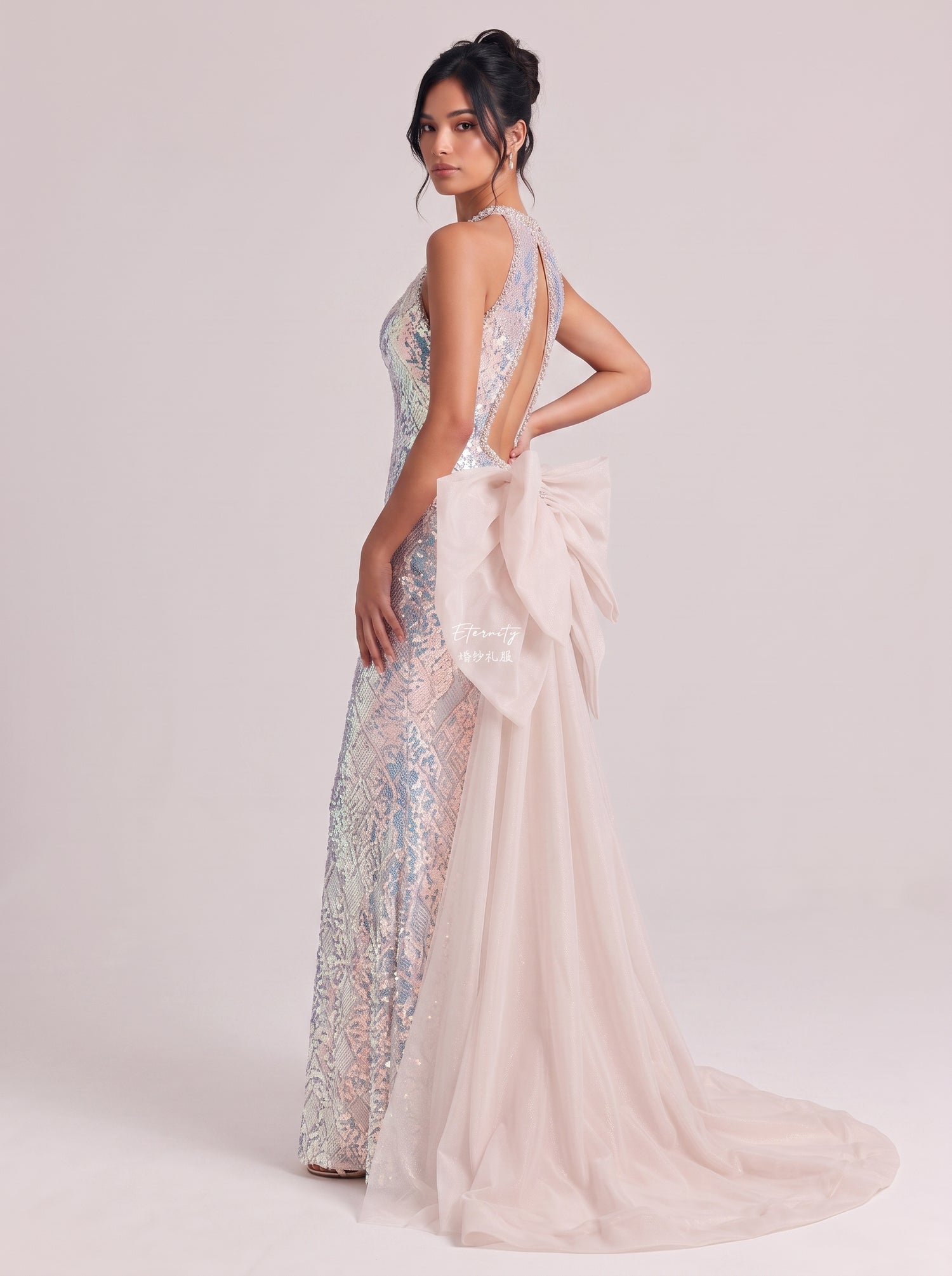 Phantom Sequins Hanging Neck Diamond Hollow-out Fishtail Dress Large Mesh Trailing Dress