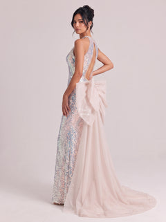 Phantom Sequins Hanging Neck Diamond Hollow-out Fishtail Dress Large Mesh Trailing Dress