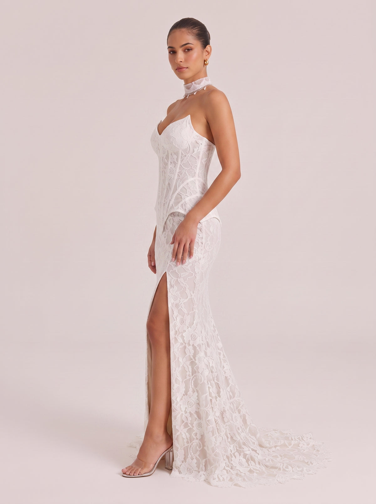 Deep V Lace Fishbone Tunic High Split Trailing Sling Dress