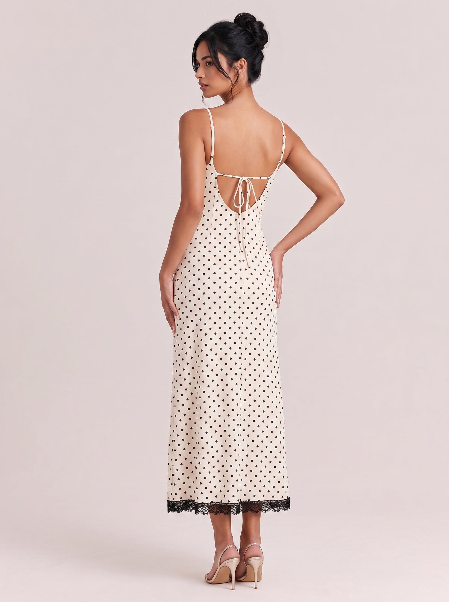 Lace V-Neck Polo-Dot Mid-Length Dress With Tight Waist