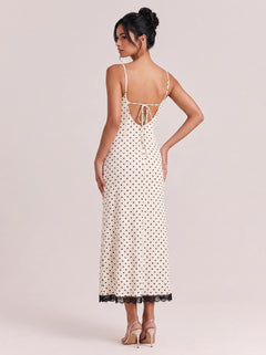 Lace V-Neck Polo-Dot Mid-Length Dress With Tight Waist