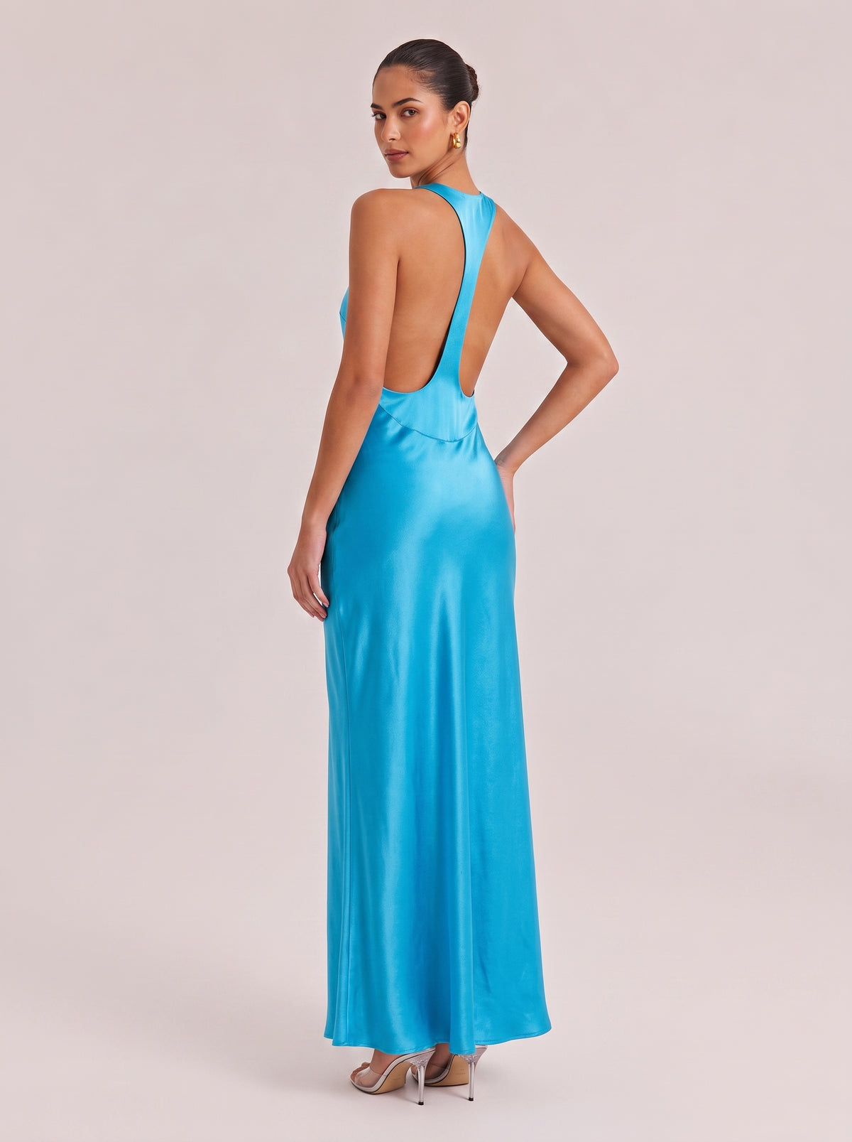 Electric Blue Satin Halter Maxi Dress Backless Slip Gown