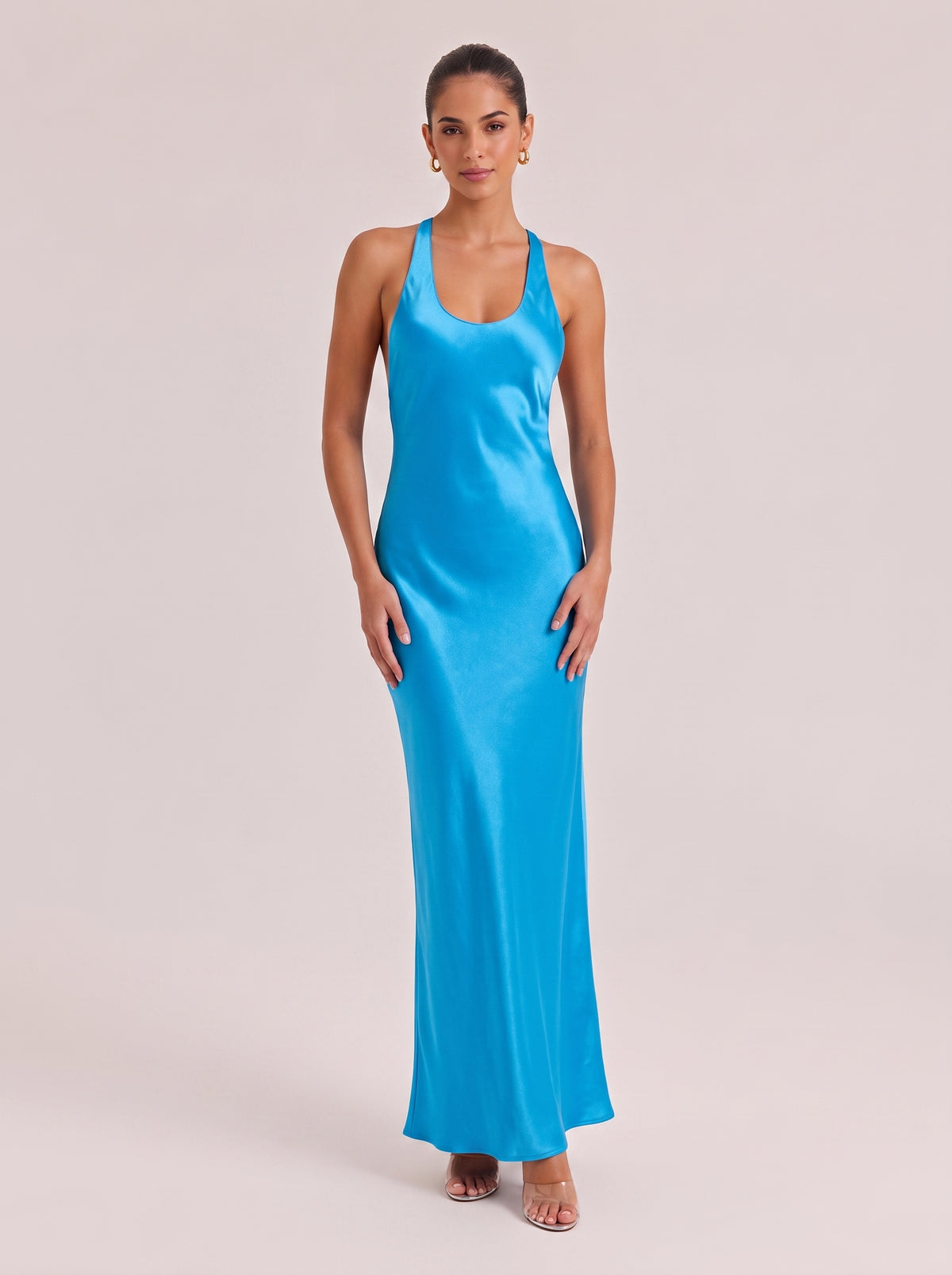 Electric Blue Satin Halter Maxi Dress Backless Slip Gown