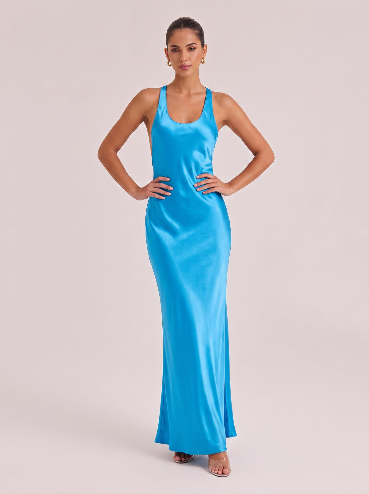 Electric Blue Satin Halter Maxi Dress Backless Slip Gown