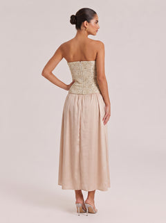 Small Chanel Style Stitching Strapless Long Dress With Tight Waist And Large Swing