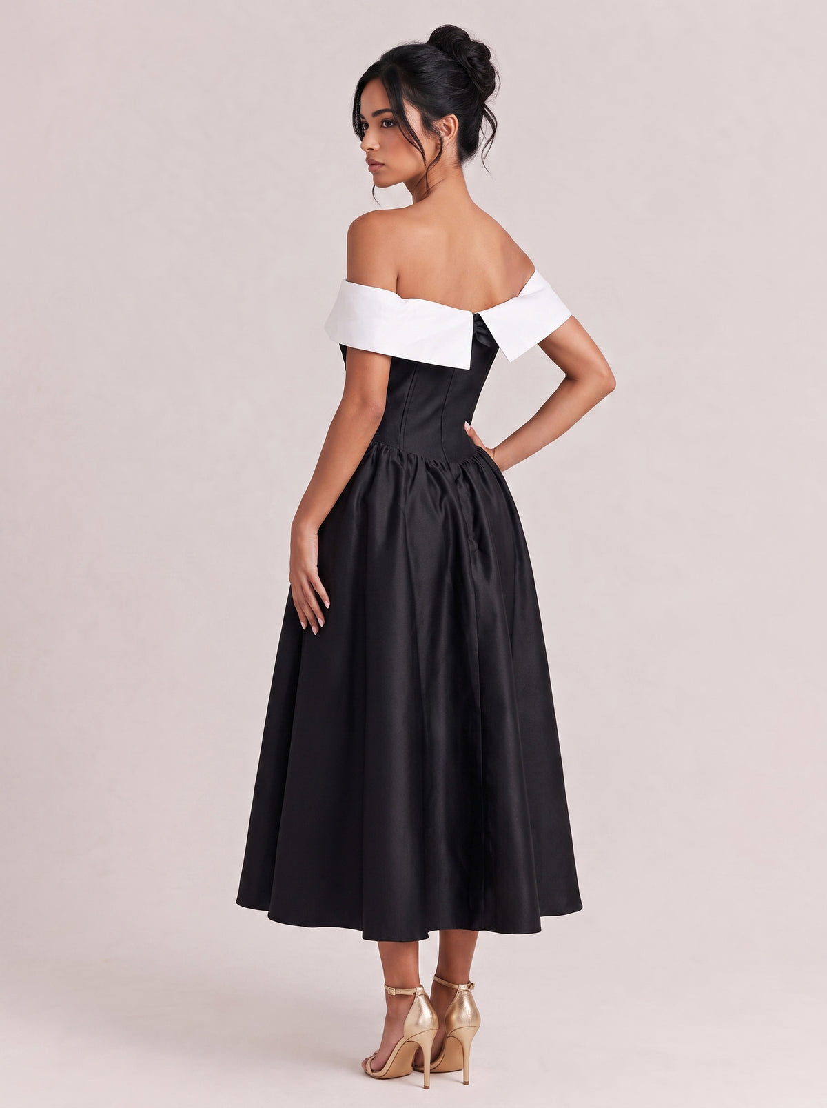 Black White Off Shoulder Rose Corset Midi Party Dress