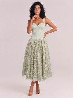 Luxurious Champagne 3D Floral Petal Skirt Gown With Structured Corset Bodice