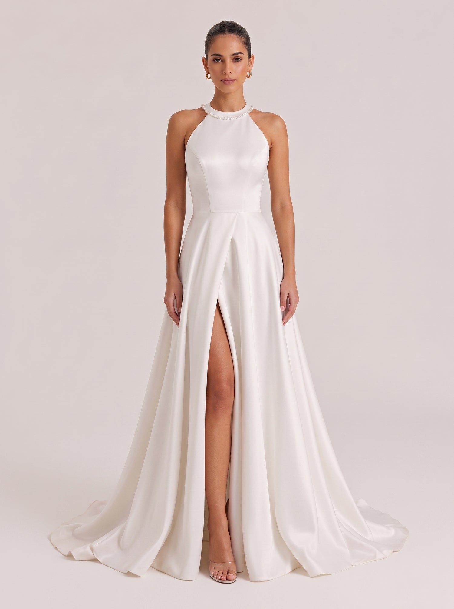 Hanged High Neck Kink Split Satin Trailing Wedding Dress