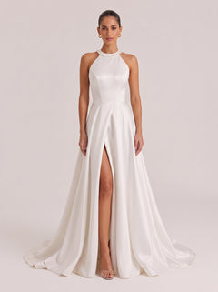 Hanged High Neck Kink Split Satin Trailing Wedding Dress