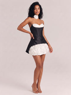 Contrast Strapless Fish Bone Waist Three-Dimensional Rose Puff Short Dress