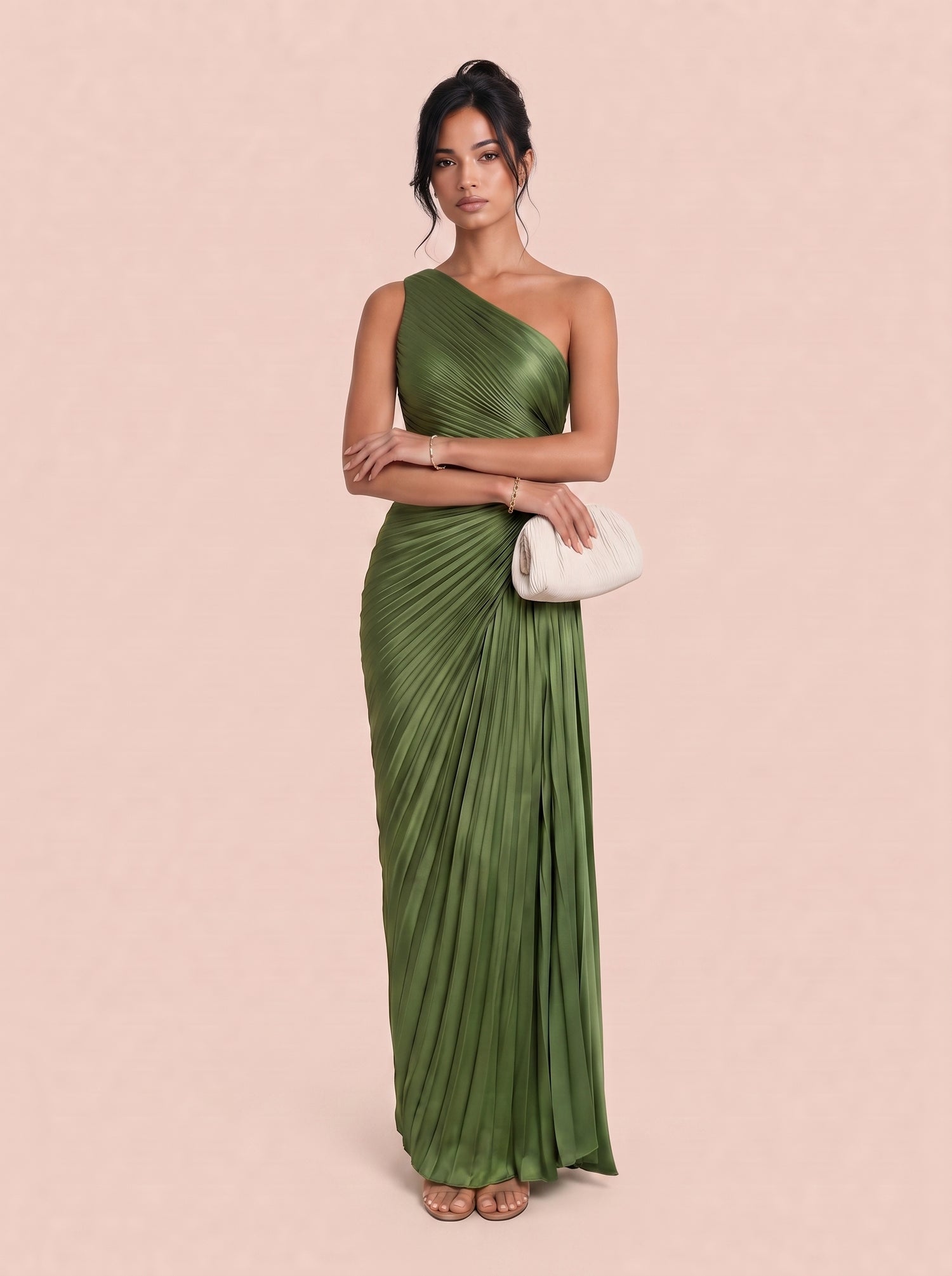 One Shoulder Crossneck Pleated Twisted Satin Long Evening Gown