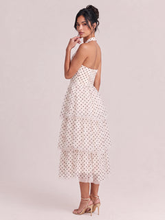 V-Neck Fine Strap Dot Mesh Large Swing Long Dress