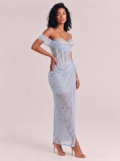 Light Blue Strapless Pleated Sparkle See-Through Split Slim-Fit Long Evening Gown