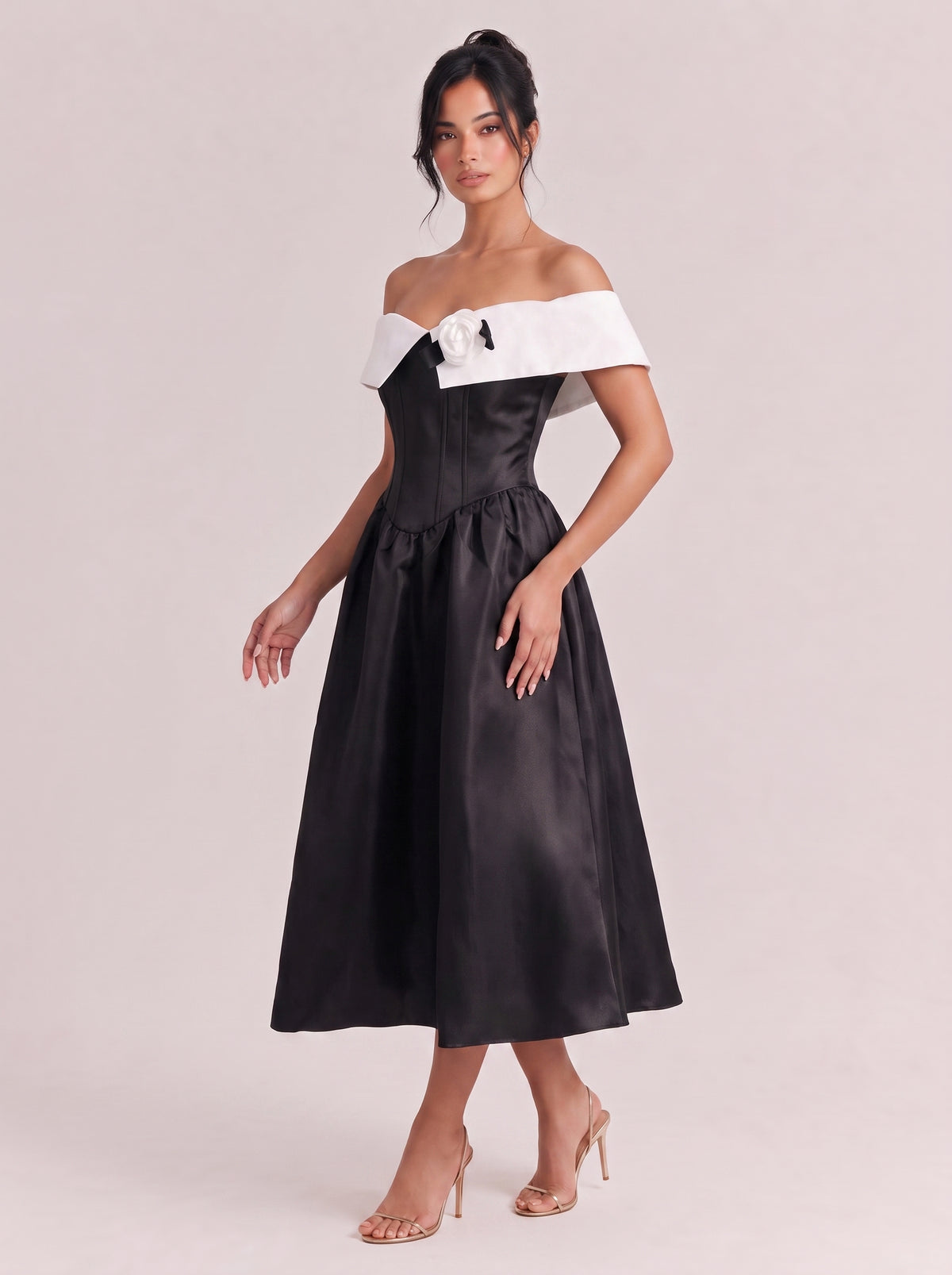 Black White Off Shoulder Rose Corset Midi Party Dress