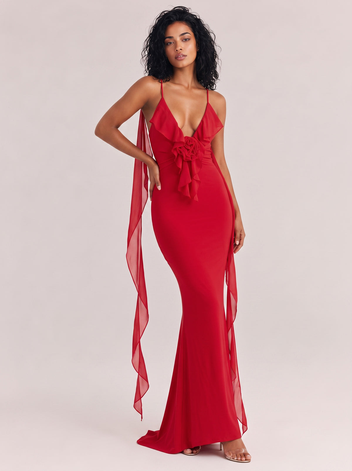 Deep V Strap Stereo Flower Strap Pleated Fishtail Long Dress
