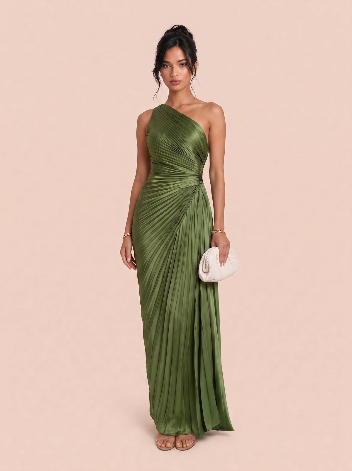 One Shoulder Crossneck Pleated Twisted Satin Long Evening Gown
