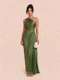 One Shoulder Crossneck Pleated Twisted Satin Long Evening Gown