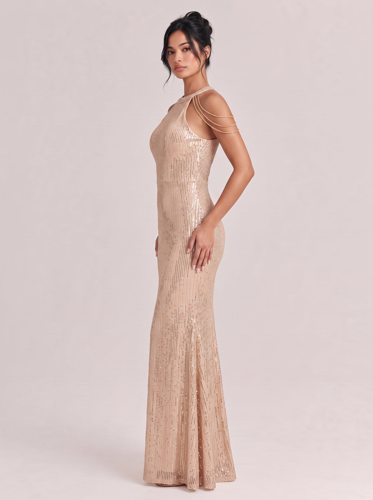 Neck-Neck Tassel Shoulder Sequins Slim-Fit Fishtail Long Evening Gown