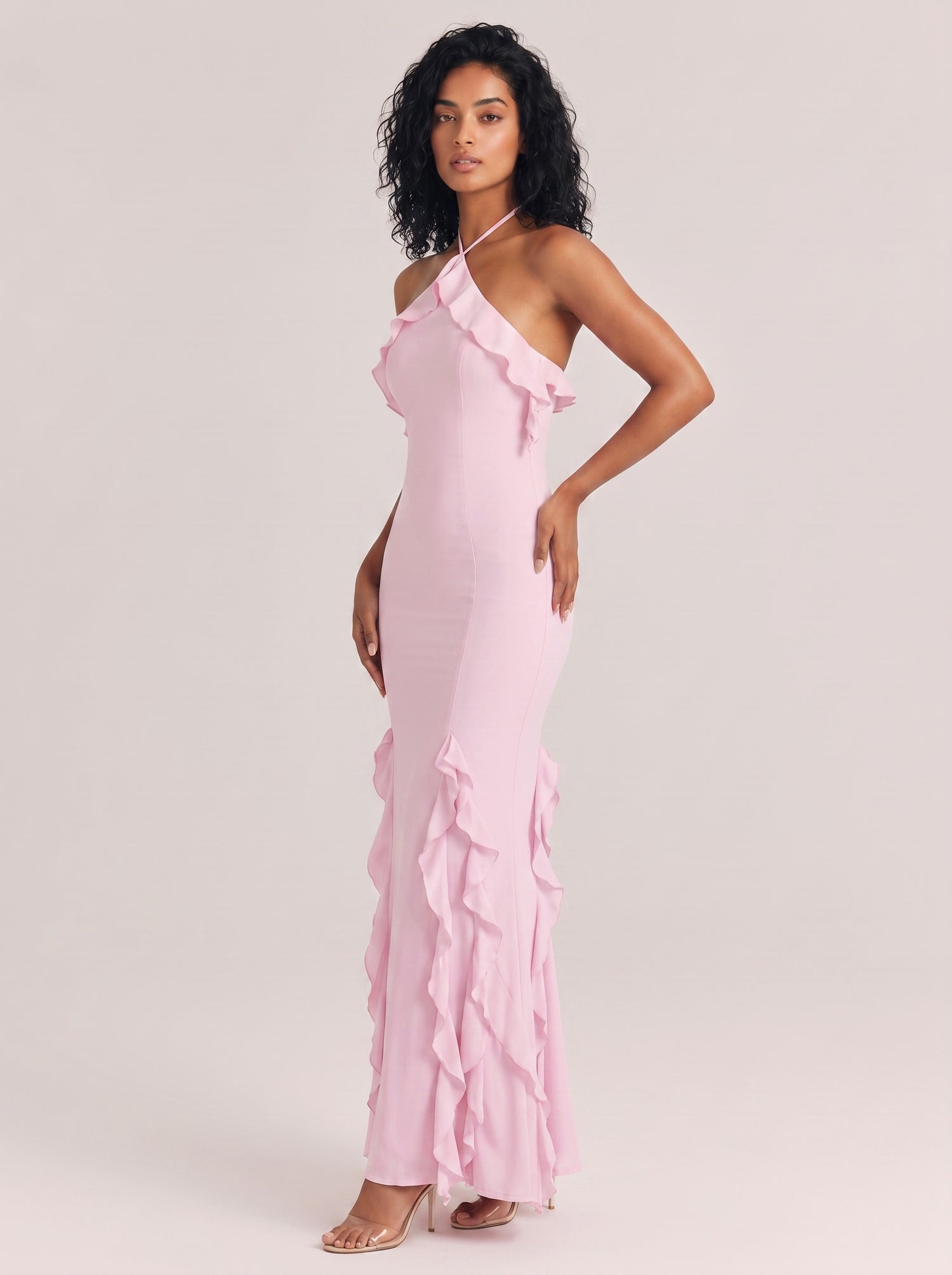 Neck Ruffled Slim-fit Fishtail Long Dress