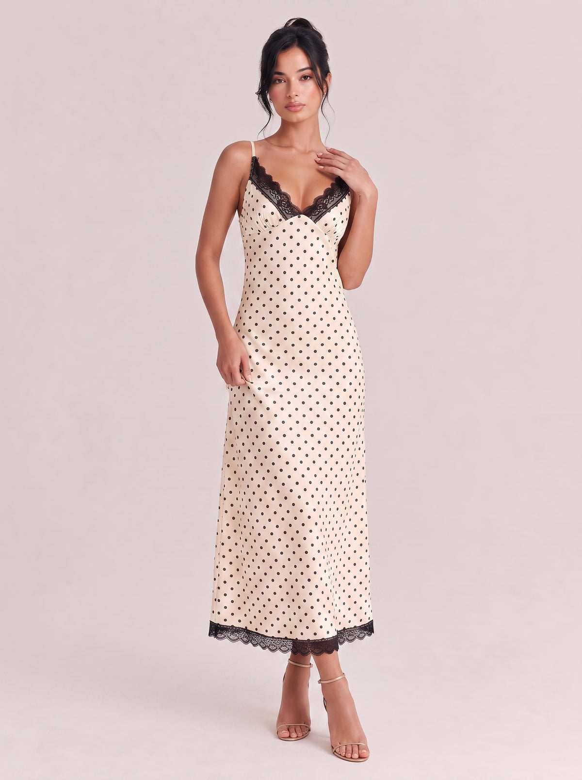 Lace V-Neck Polo-Dot Mid-Length Dress With Tight Waist