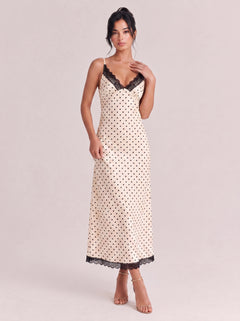 Lace V-Neck Polo-Dot Mid-Length Dress With Tight Waist