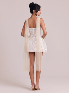Floral Embroidered Fine Strap Belted Short Mesh Dress