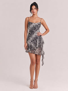Leopard-Print Swing-Neck Strap Short Dress With Irregular Ribbon