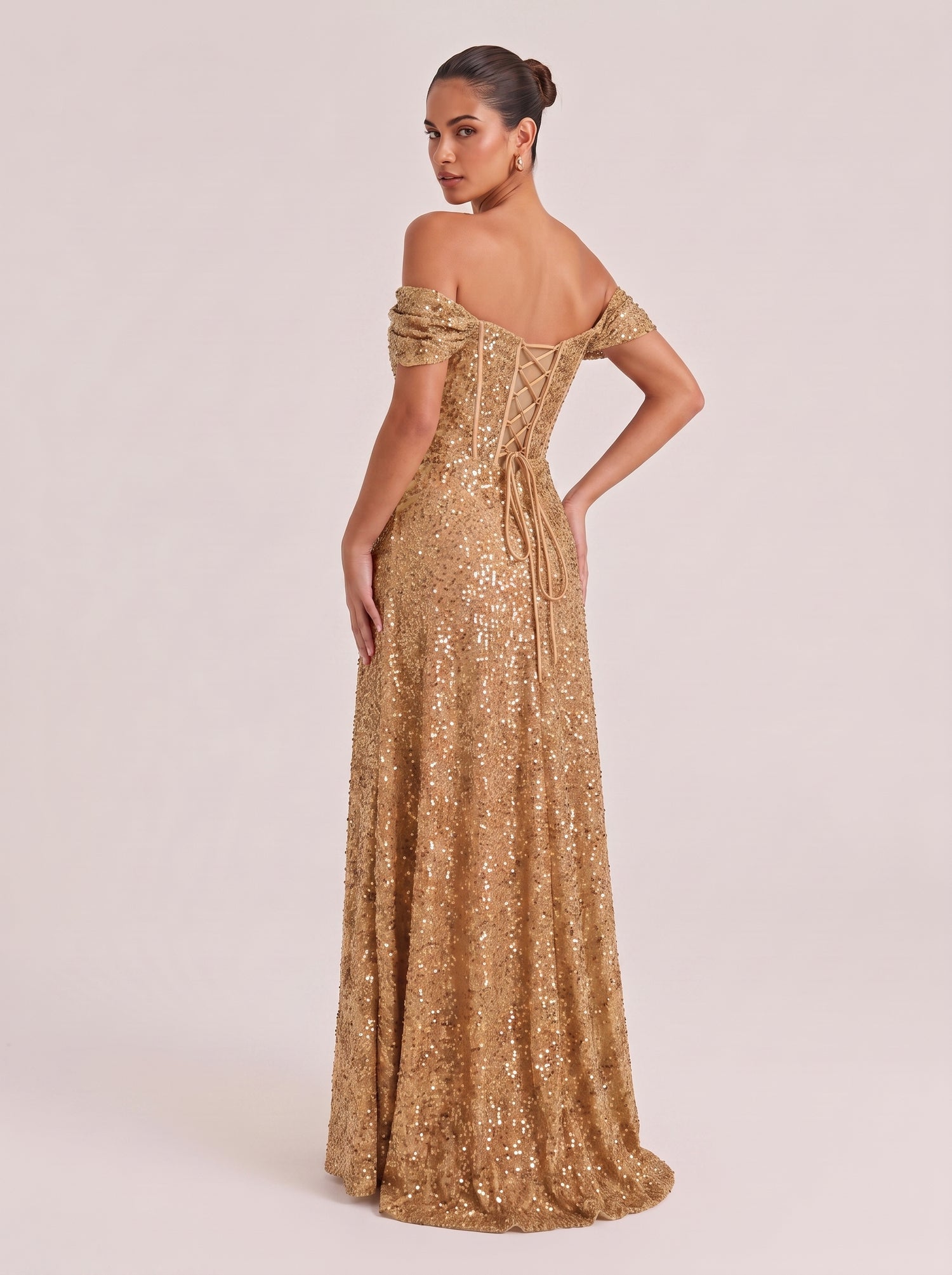 Shoulder Fishbone Waist Sequin Split Long Evening Gown
