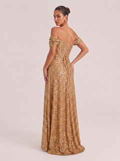 Shoulder Fishbone Waist Sequin Split Long Evening Gown