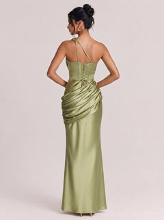 Hanging Neck Cutout Pleated Waisted Satin Fishtail Long Gown