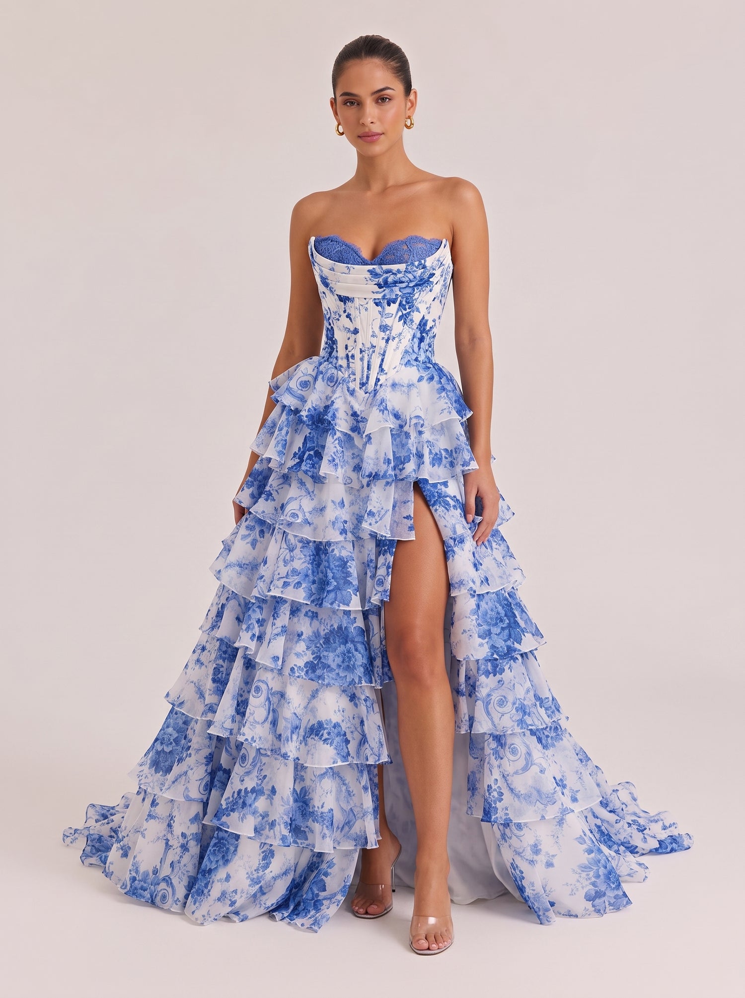 Strapless Fishbone Belted Blue And White Porcelain Printed Multi-Layer Ruffled High Split Canopy Gown