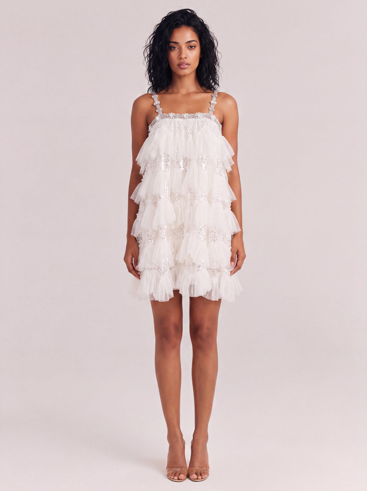Luxurious Beaded Tulle Tiered Mini Dress With Crystal-Embellished Straps