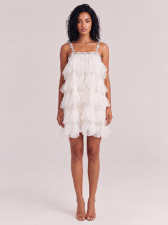 Luxurious Beaded Tulle Tiered Mini Dress With Crystal-Embellished Straps