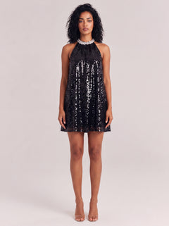 Black Sequin Neck Sleeveless Loose Short Dress