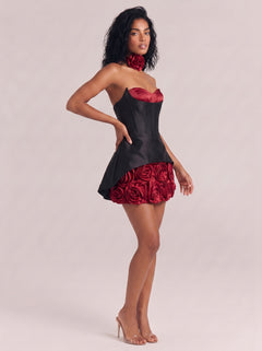 Contrast Strapless Fish Bone Waist Three-Dimensional Rose Puff Short Dress