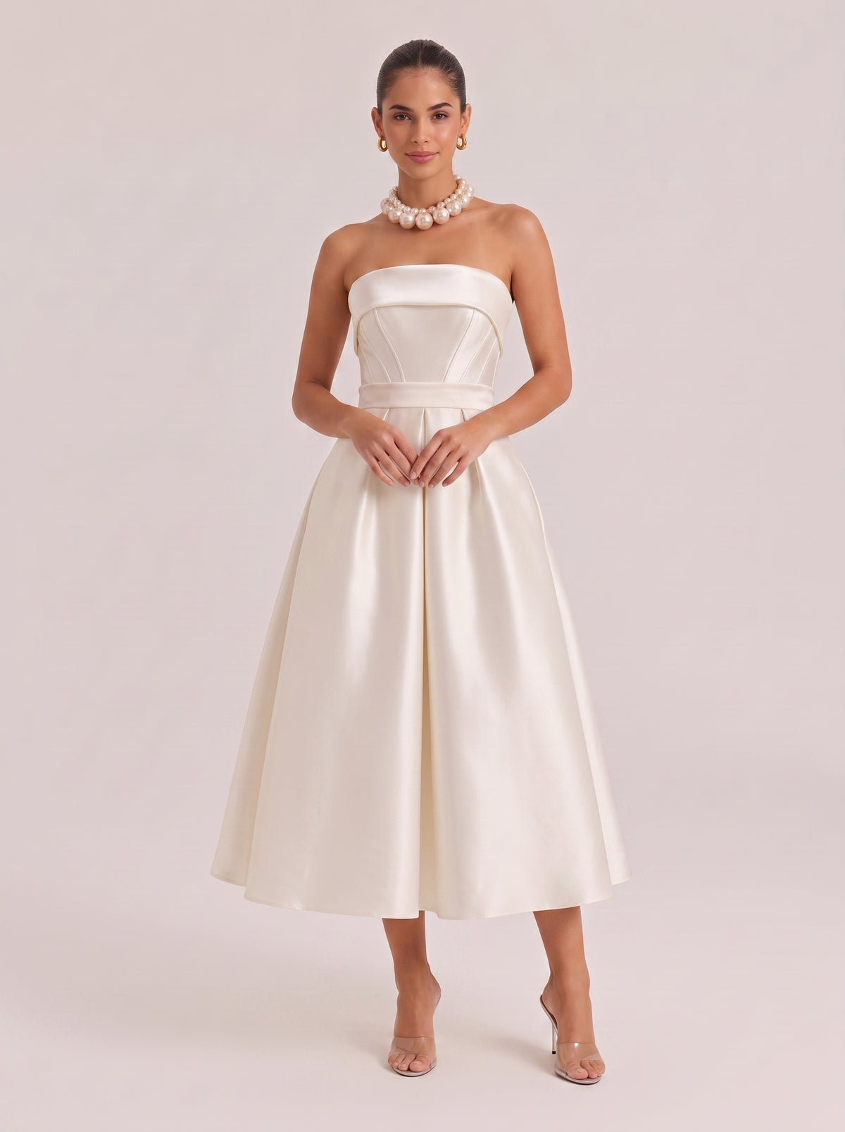 Strapless Fishbone Waisted Satin Mid-Length A- Line Dress