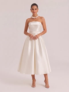 Strapless Fishbone Waisted Satin Mid-Length A- Line Dress