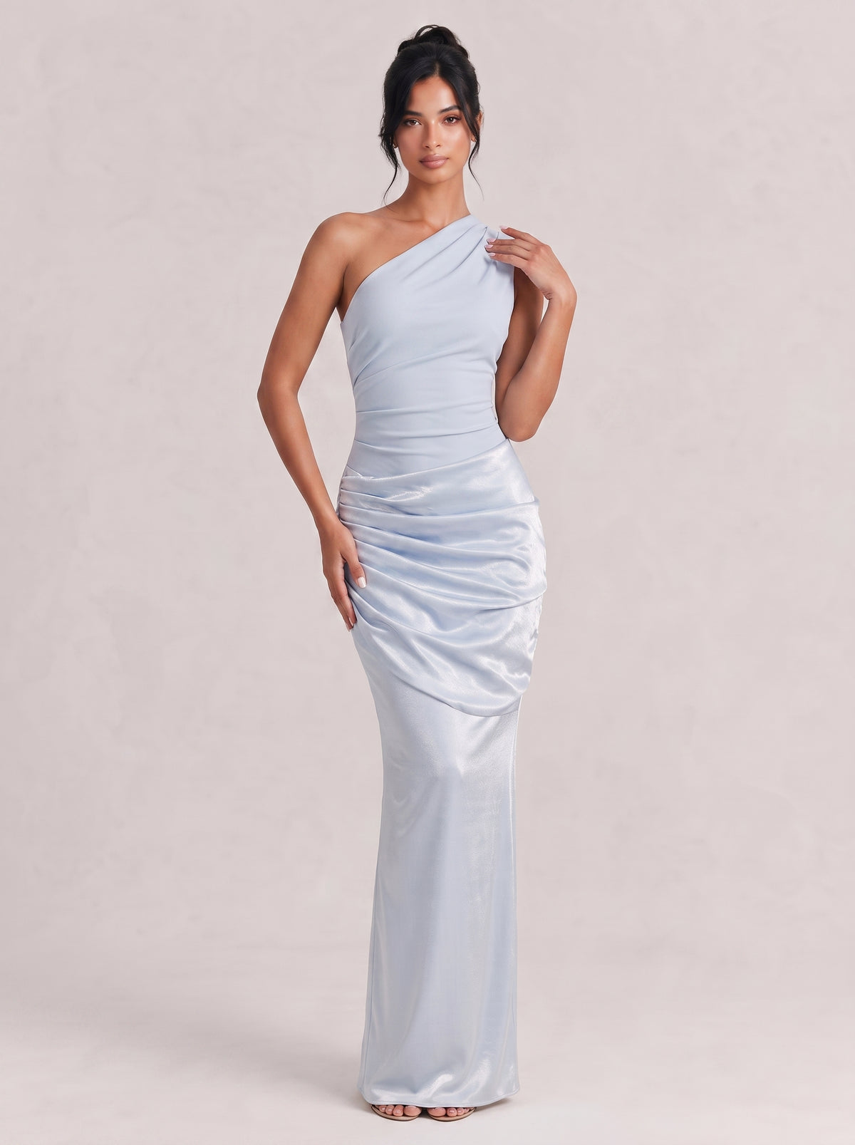 Oblique One-Shoulder Pleated Satin Fishtail Long Dress