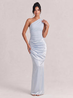 Oblique One-Shoulder Pleated Satin Fishtail Long Dress